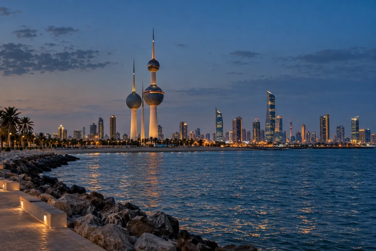 Generated Kuwait City waterfront at blue hour