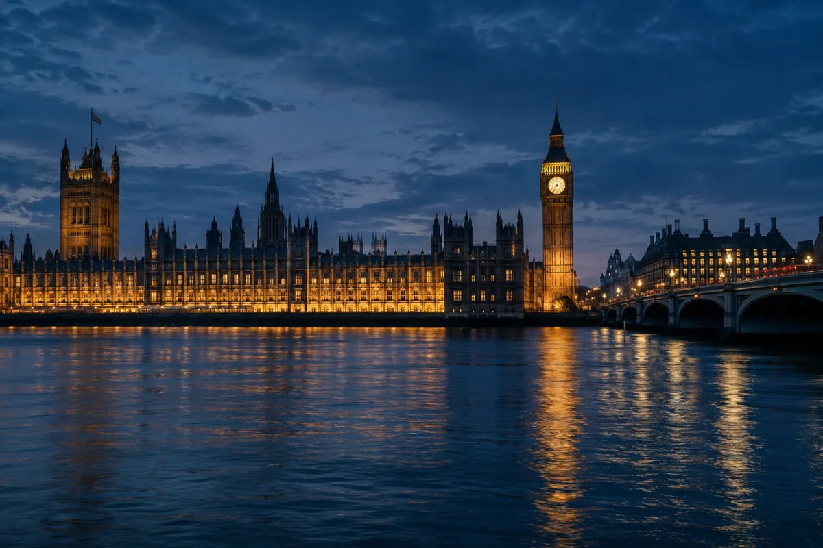 Generated London waterfront at blue hour