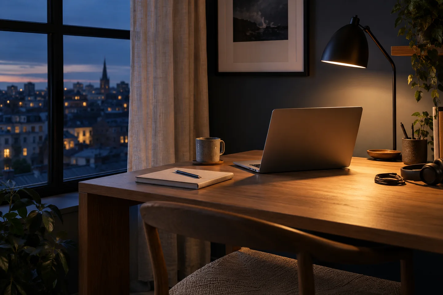An oak desk by a blue-hour window, with a laptop and warm desk light